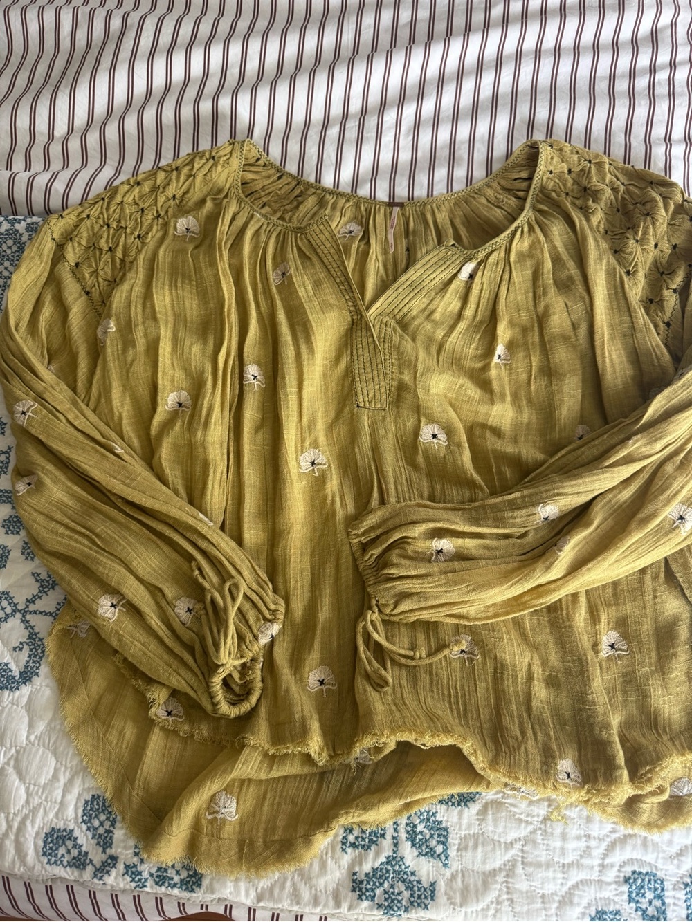 Free People lightweight Boho Embroidered Peasant Top in light Mustard color